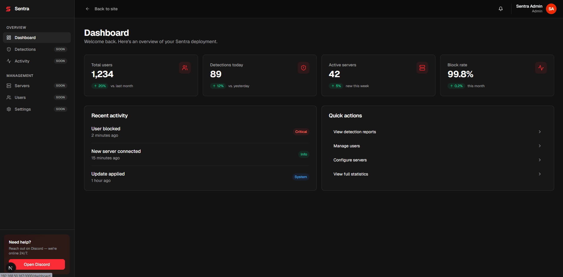 Sentra dashboard — live blocks, recent detections, and webhook activity